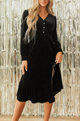 Ruffle Hem Slit V-Neck Long Sleeve Dress OutfitFlow